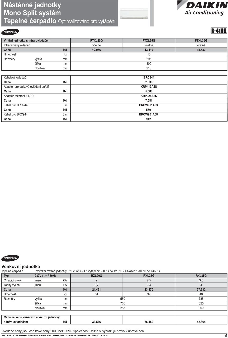 581 Kabel pro BRC944 3 m BRCW901A03 Cena Kč 570 Kabel pro BRC944 8 m BRCW901A08 Cena Kč 912 Tepelné čerpadlo Provozní rozsah jednotky RXL20/25/35G: Vytápění: -20 C do +20 C / Chlazení: -10 C do +46 C