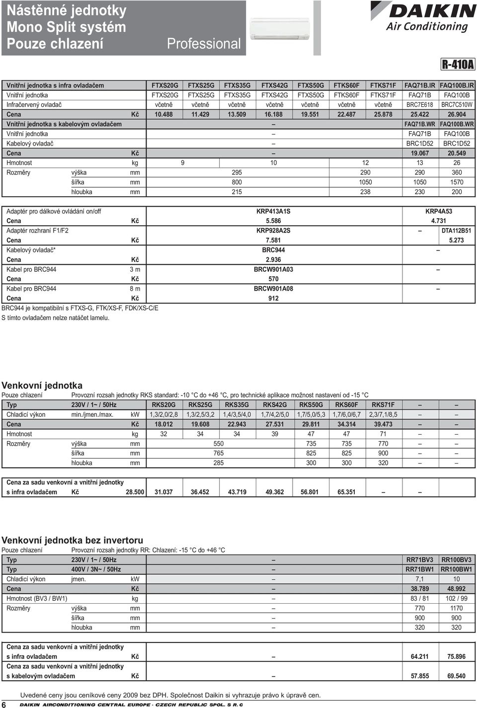 429 13.509 16.188 19.551 22.487 25.878 25.422 26.904 Vnitřní jednotka s kabelovým ovladačem FAQ71B.WR FAQ100B.WR Vnitřní jednotka FAQ71B FAQ100B Kabelový ovladač BRC1D52 BRC1D52 Cena Kč 19.067 20.