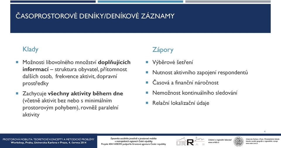 (včetně aktivit bez nebo s minimálním prostorovým pohybem), rovněž paralelní aktivity Zápory Výběrové šetření