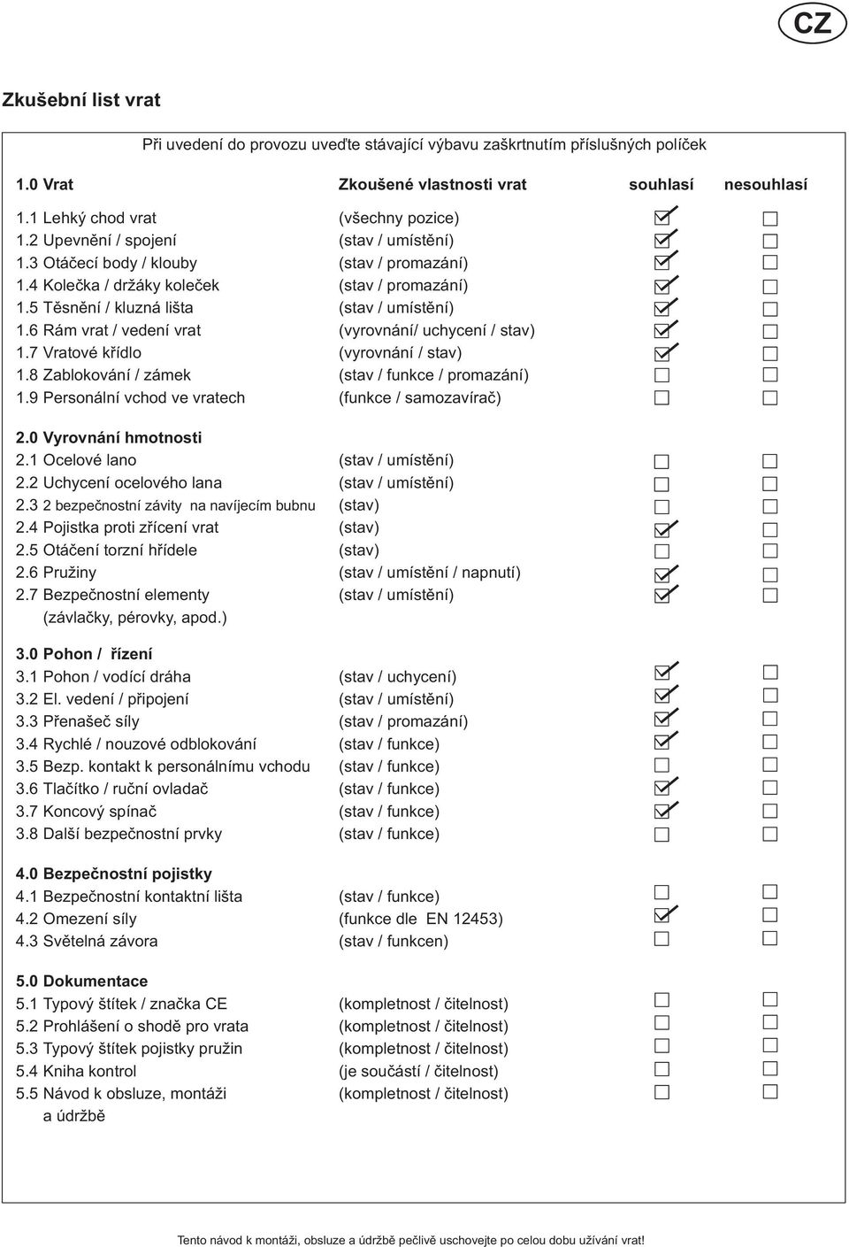 6 Rám vrat / vedení vrat ( vyrovnání/ uchycení / stav) 1.7 Vratové křídlo ( vyrovnání / stav) 1.8 Zablokování / zámek ( stav / funkce / promazání) 1.