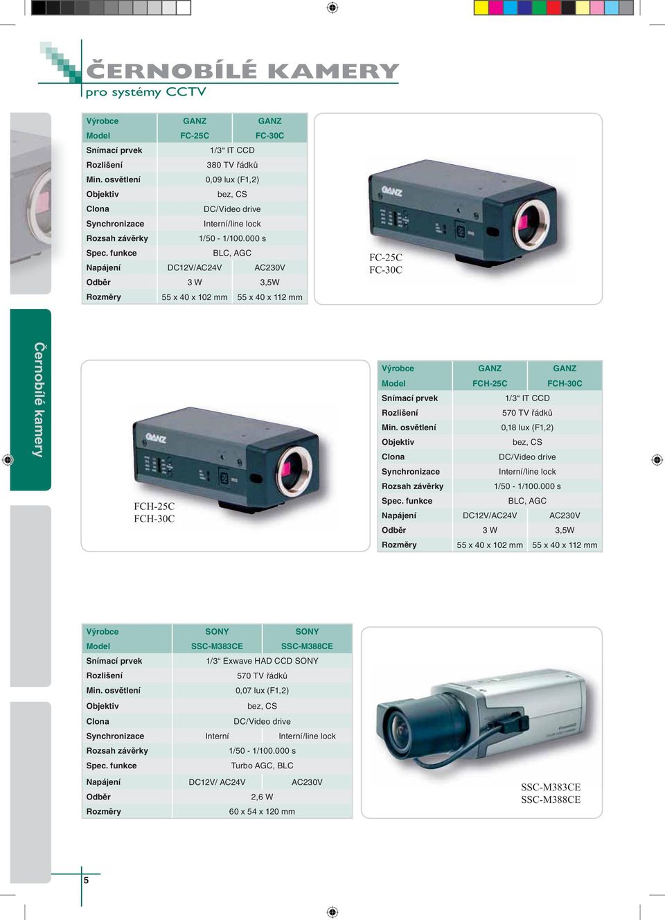 funkce BLC, AGC Napájení DC12V/AC24V AC230V Odběr 3 W 3,5W Rozměry 55 x 40 x 102 mm 55 x 40 x 112 mm FC-25C FC-30C Černobílé kamery FCH-25C FCH-30C Výrobce GANZ GANZ Model FCH-25C FCH-30C Snímací