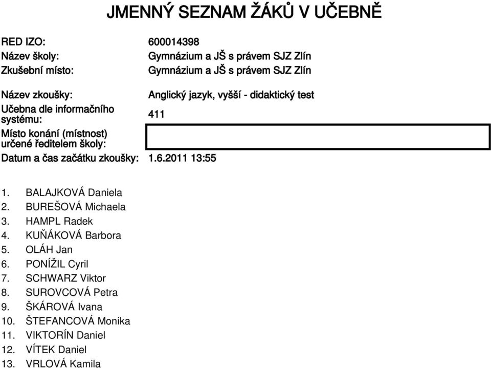 zkoušky: 1.6.2011 13:55 1. BALAJKOVÁ Daniela 2. BUREŠOVÁ Michaela 3. HAMPL Radek 4. KUŇÁKOVÁ Barbora 5. OLÁH Jan 6.