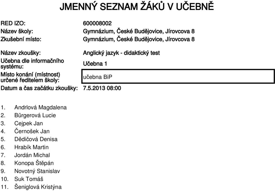 (místnost) určené ředitelem školy: Datum a čas začátku zkoušky: 7.5.2013 08:00 1. Andrlová Magdalena 2. Bürgerová Lucie 3.