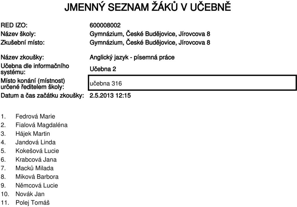 (místnost) určené ředitelem školy: Datum a čas začátku zkoušky: 2.5.2013 12:15 1. Fedrová Marie 2. Fialová Magdaléna 3.