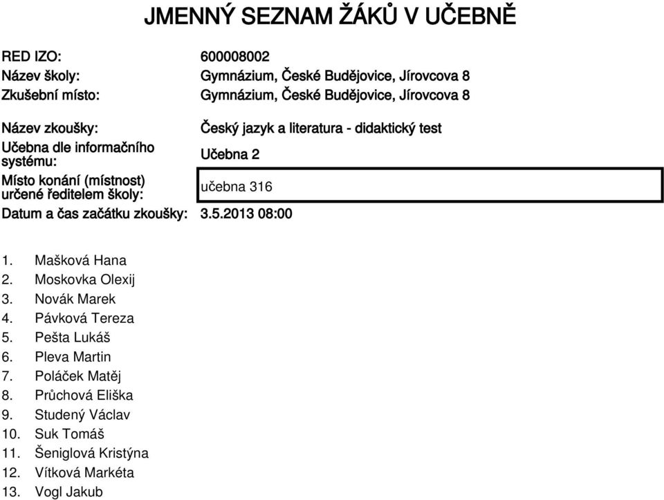 (místnost) určené ředitelem školy: Datum a čas začátku zkoušky: 3.5.2013 08:00 1. Mašková Hana 2. Moskovka Olexij 3. Novák Marek 4.