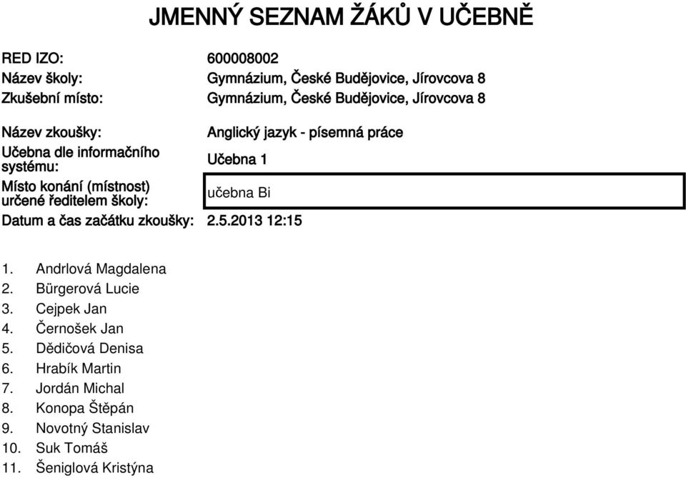 (místnost) určené ředitelem školy: Datum a čas začátku zkoušky: 2.5.2013 12:15 1. Andrlová Magdalena 2. Bürgerová Lucie 3.