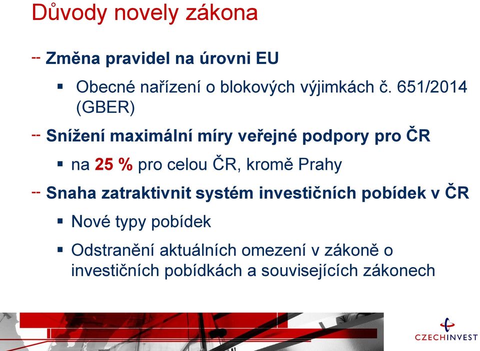 651/2014 (GBER) Snížení maximální míry veřejné podpory pro ČR na 25 % pro celou ČR,