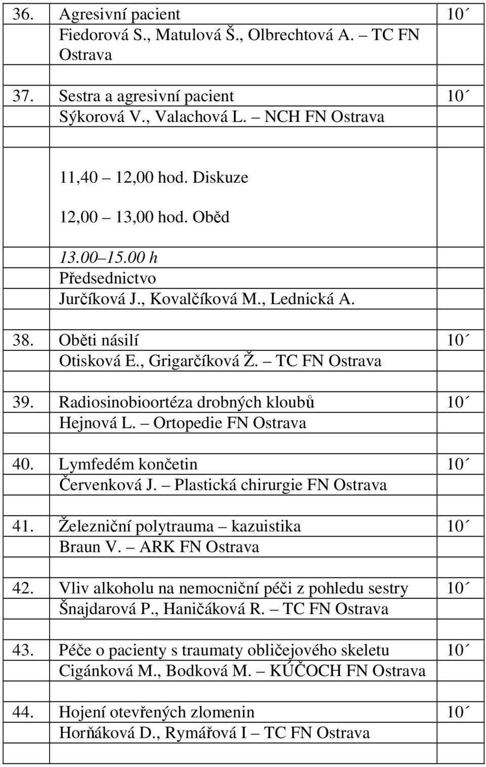 Ortopedie FN Ostrava 40. Lymfedém končetin Červenková J. Plastická chirurgie FN Ostrava 41. Železniční polytrauma kazuistika Braun V. ARK FN Ostrava 42.