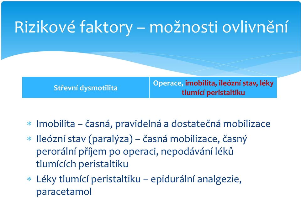 Ileózní stav (paralýza) časná mobilizace, časný perorální příjem po operaci,