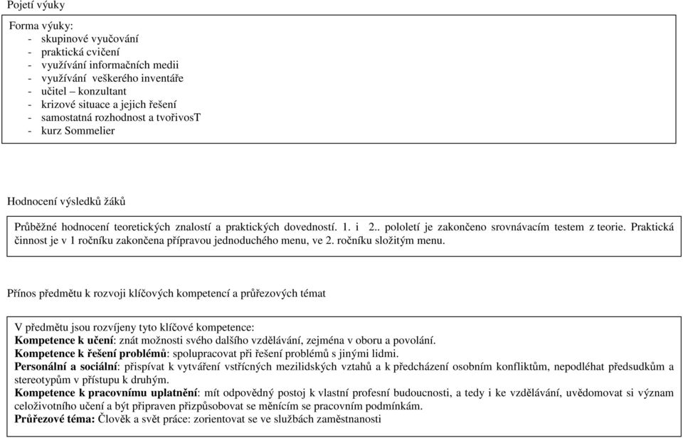 Praktická činnost je v 1 ročníku zakončena přípravou jednoduchého menu, ve 2. ročníku složitým menu.