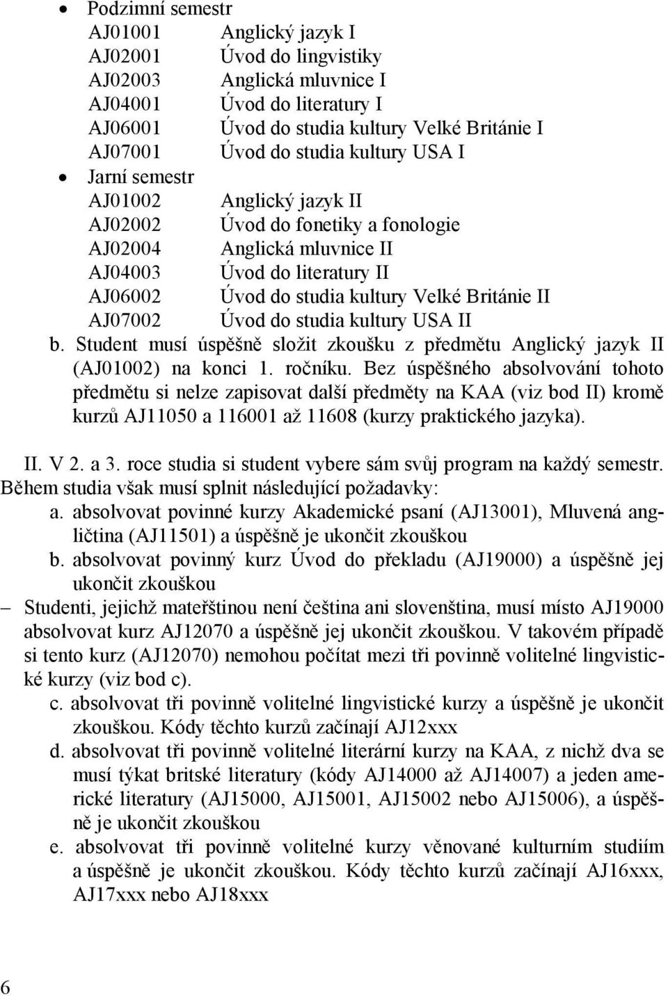 AJ07002 Úvod do studia kultury USA II b. Student musí úspěšně složit oušku z předmětu Anglický jazyk II (AJ01002) na konci 1. ročníku.
