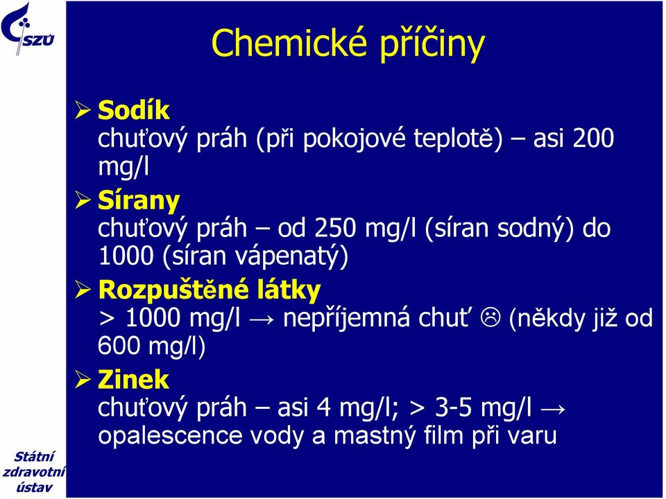 Rozpuštěné látky > 1000 mg/l nepříjemná chuť (někdy již od 600 mg/l)