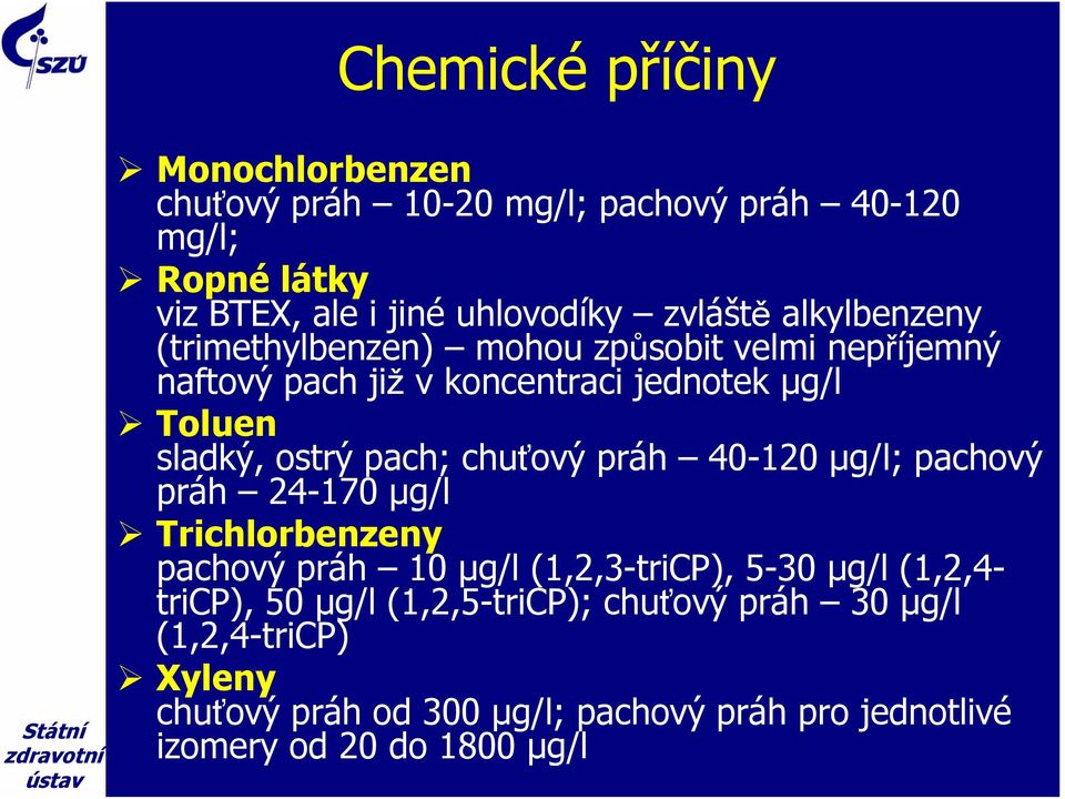 chuťový práh 40-120 μg/l; pachový práh 24-170 μg/l Trichlorbenzeny pachový práh 10 μg/l (1,2,3-triCP), 5-30 μg/l (1,2,4- tricp), 50 μg/l