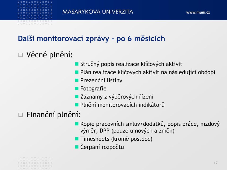 Fotografie Záznamy z výběrových řízení Plnění monitorovacích indikátorů Kopie pracovních