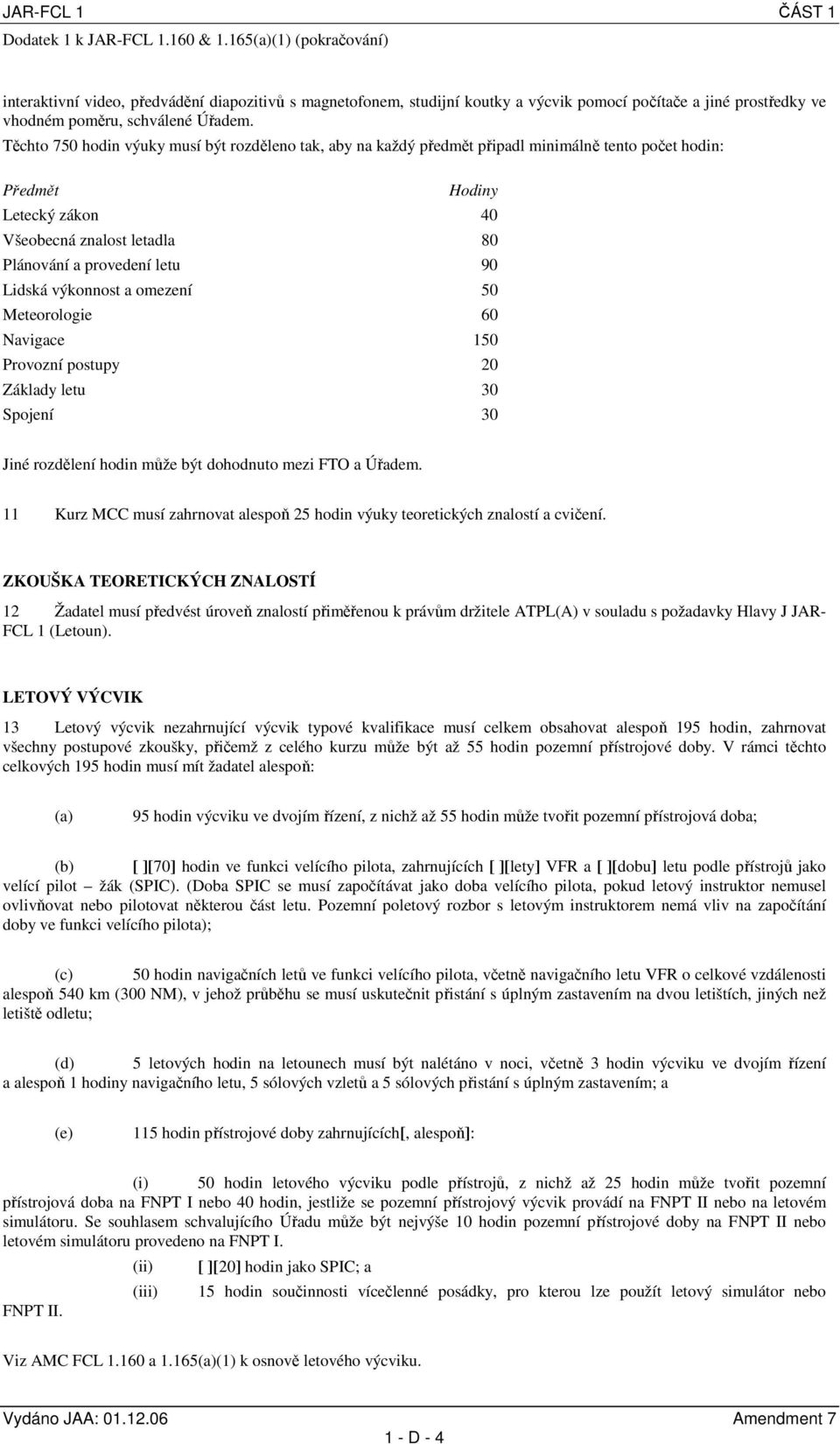 Těchto 750 hodin výuky musí být rozděleno tak, aby na každý předmět připadl minimálně tento počet hodin: Předmět Hodiny Letecký zákon 40 Všeobecná znalost letadla 80 Plánování a provedení letu 90