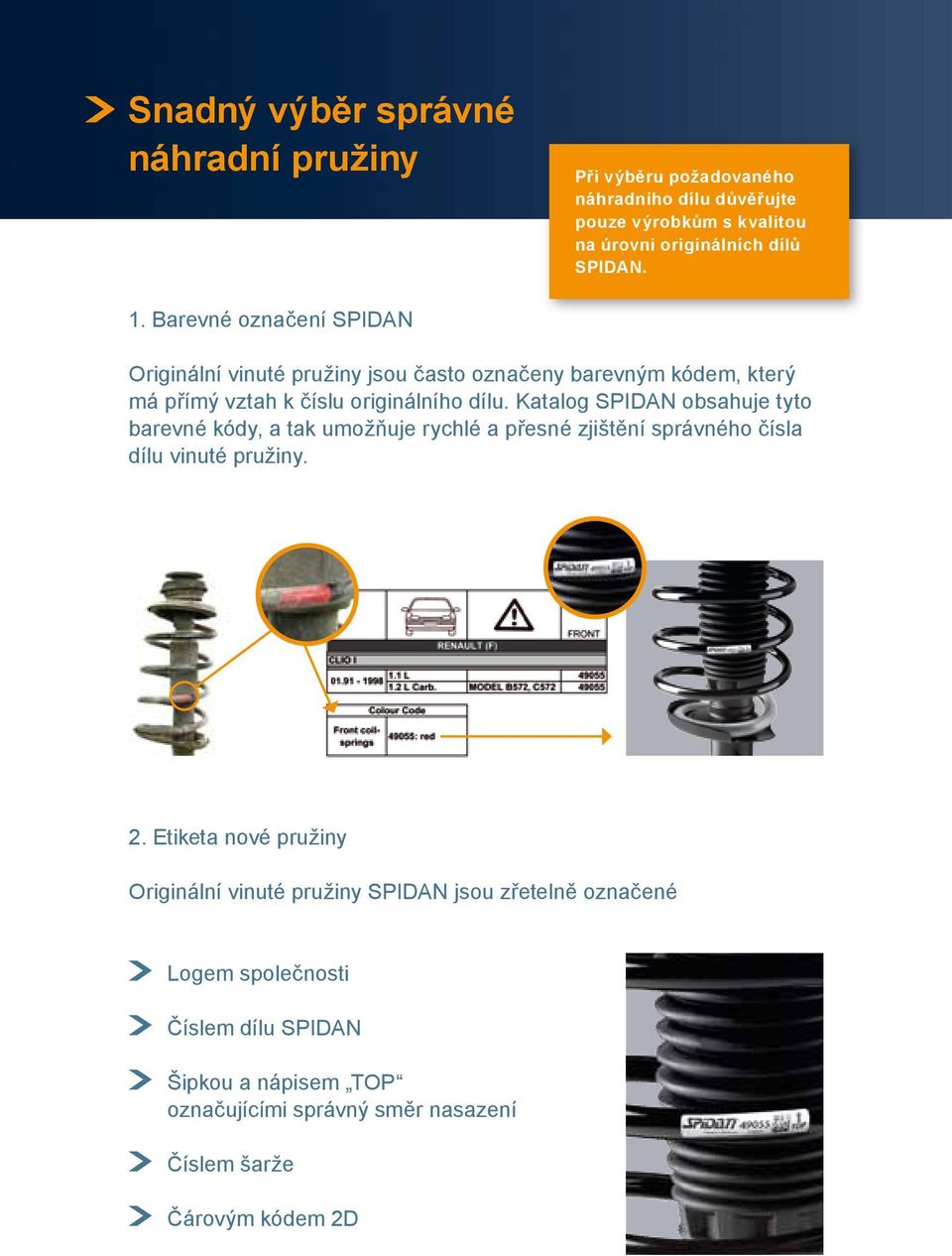 Katalog SPIDAN obsahuje tyto barevné kódy, a tak umožňuje rychlé a přesné zjištění správného čísla dílu vinuté pružiny. 2.