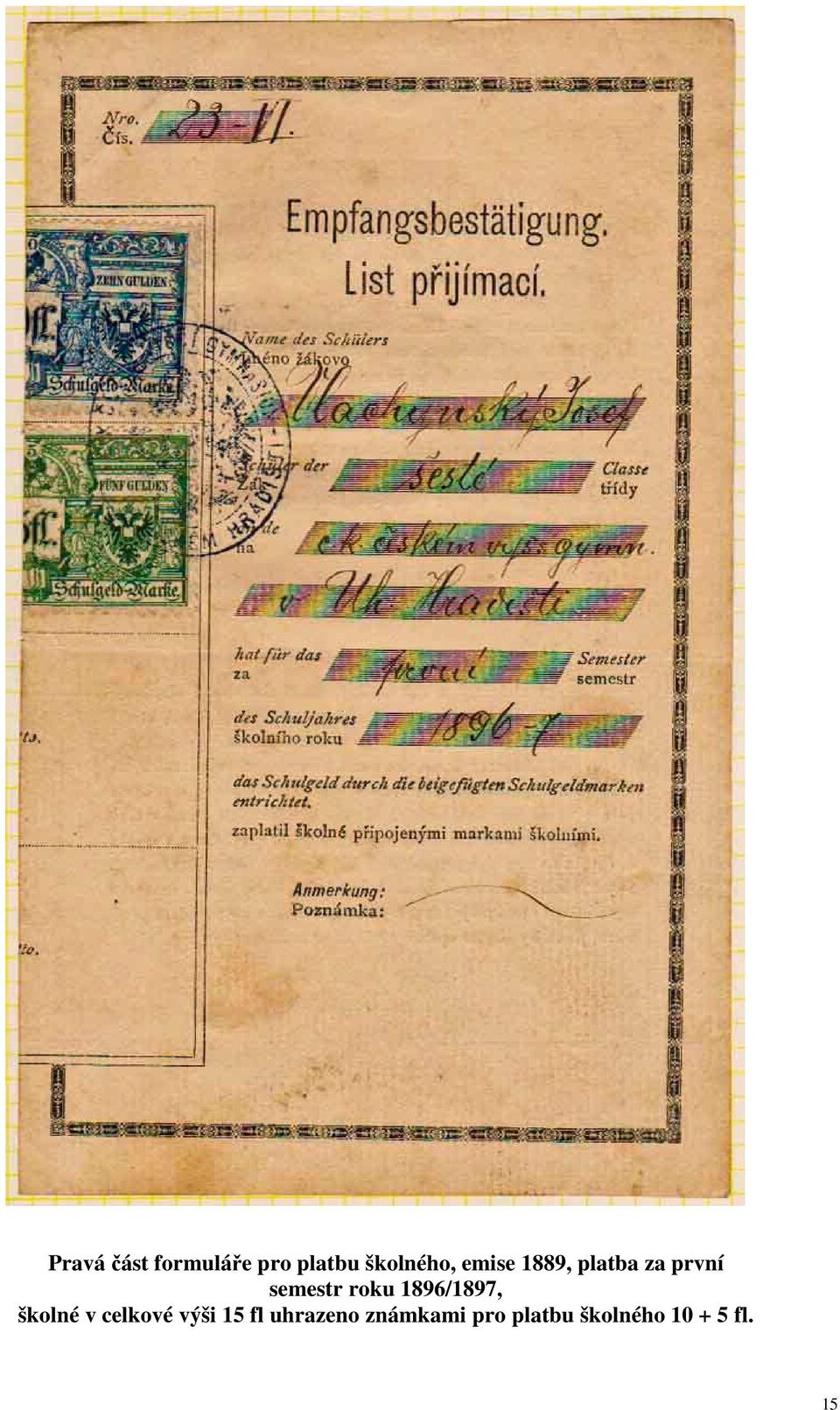 1896/1897, školné v celkové výši 15 fl