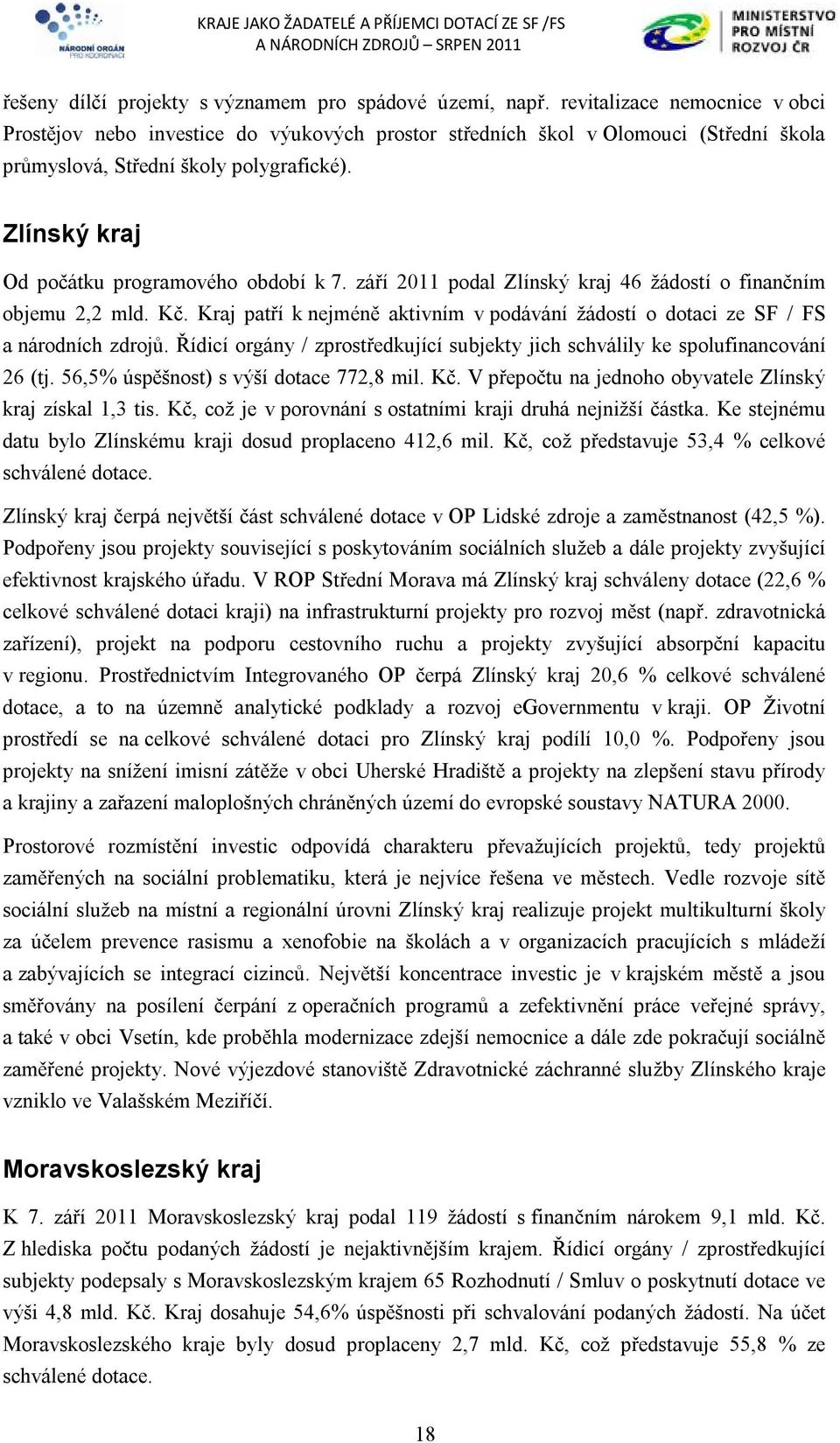 Zlínský kraj Od počátku programového období k 7. září 2011 podal Zlínský kraj 46 žádostí o finančním objemu 2,2 mld. Kč.