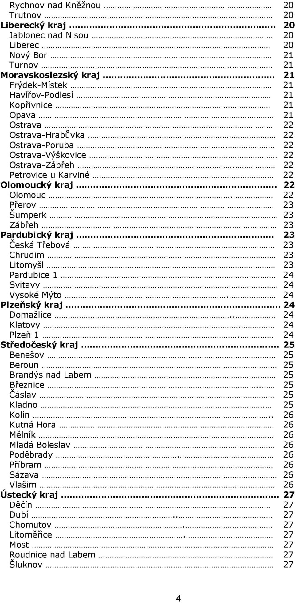 22 Petrovice u Karviné 22 Olomoucký kraj. 22 Olomouc. 22 Přerov 23 Šumperk 23 Zábřeh 23 Pardubický kraj 23 Česká Třebová 23 Chrudim 23 Litomyšl 23 Pardubice 1 24 Svitavy 24 Vysoké Mýto.