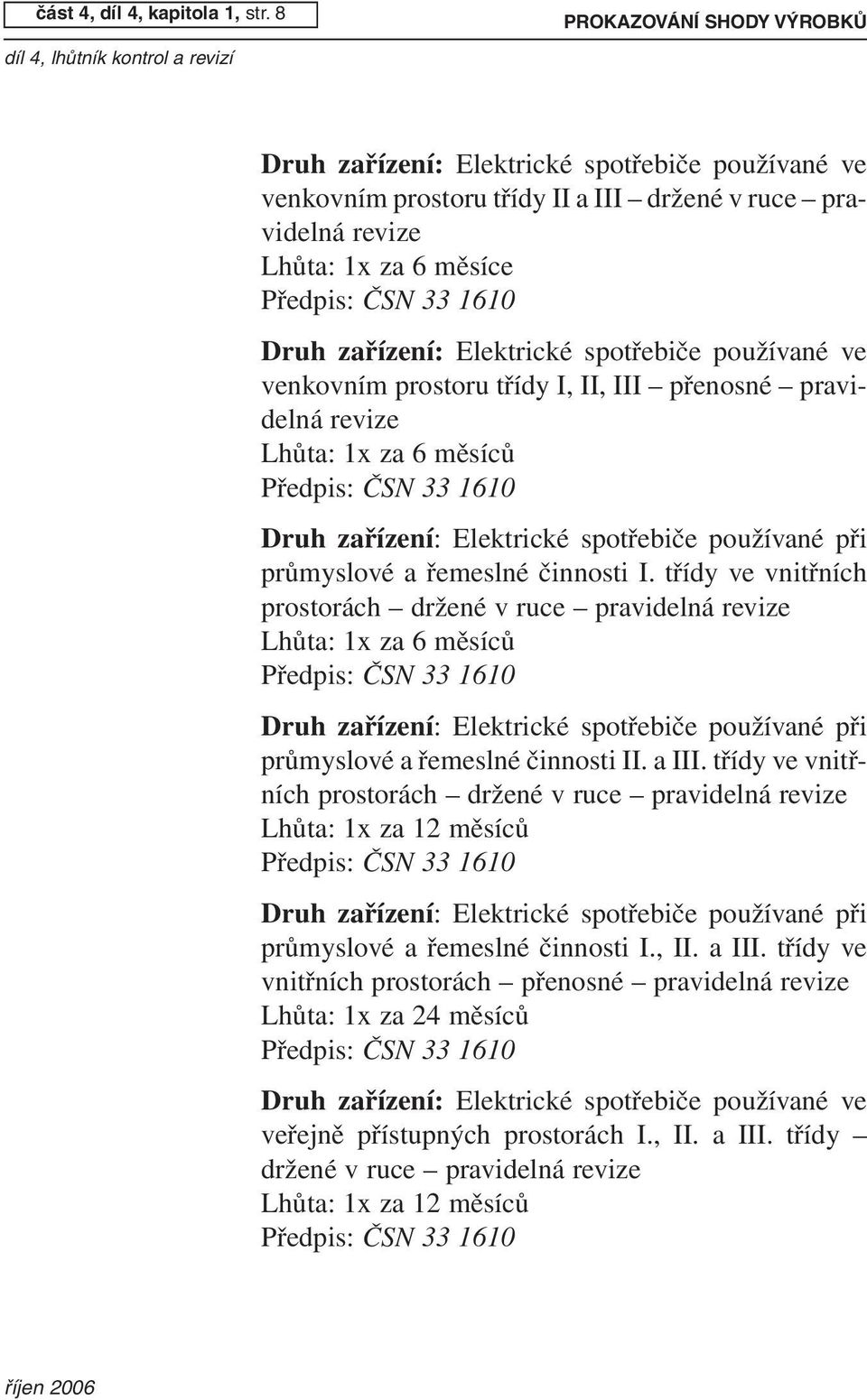 spotřebiče používané ve venkovním prostoru třídy I, II, III přenosné pravidelná revize Lhůta: 1x za 6 měsíců Druh zařízení: Elektrické spotřebiče používané při průmyslové a řemeslné činnosti I.