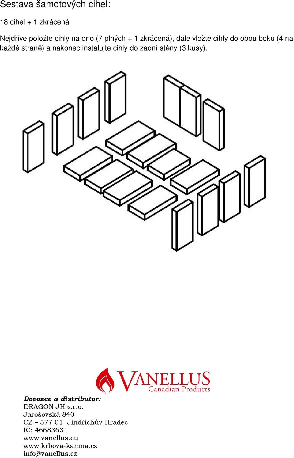 cihly do zadní stěny (3 kusy). Dovozce a distributor: DRAGON JH s.r.o. Jarošovská 840 CZ 377 01 Jindřichův Hradec IČ: 46683631 www.
