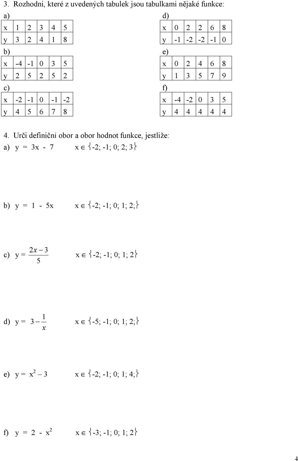 Urči definiční obor a obor hodnot funkce, jestliže: a) y = 3x - 7 x -; -1; 0; ; 3 b) y = 1-5x x -; -1; 0; 1; ;