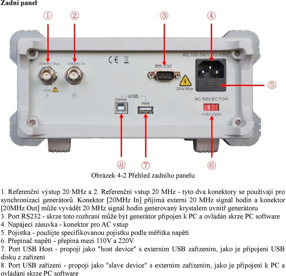 Port RS232 - skrze toto rozhraní může být generátor připojen k PC a ovládán skrze PC software 4. Napájecí zásuvka - konektor pro AC vstup 5.