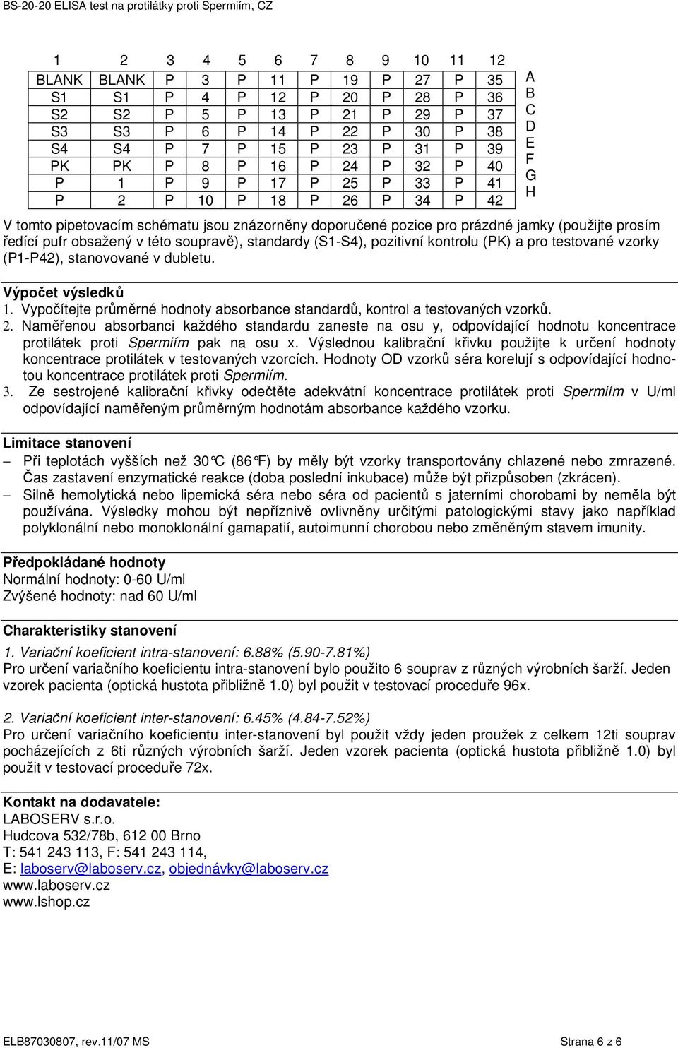 soupravě), standardy (S1-S4), pozitivní kontrolu (PK) a pro testované vzorky (P1-P42), stanovované v dubletu. Výpočet výsledků 1.