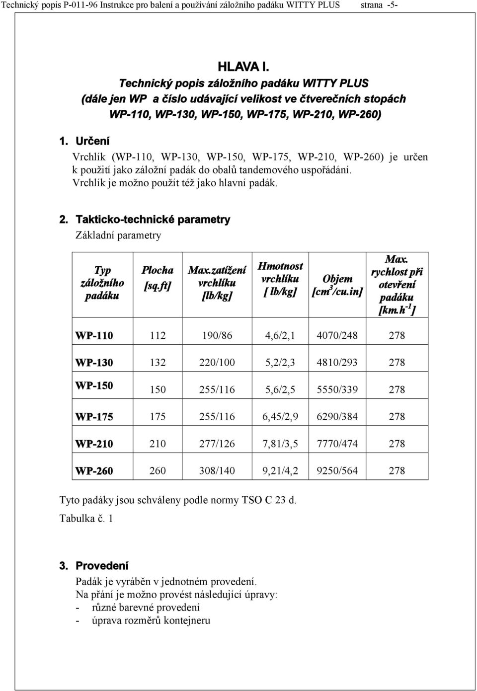 Určení Vrchlík (WP-110, WP-130, WP-150, WP-175, WP-210, WP-260) je určen k použití jako záložní padák do obalů tandemového uspořádání. Vrchlík je možno použít též jako hlavní padák. 2.