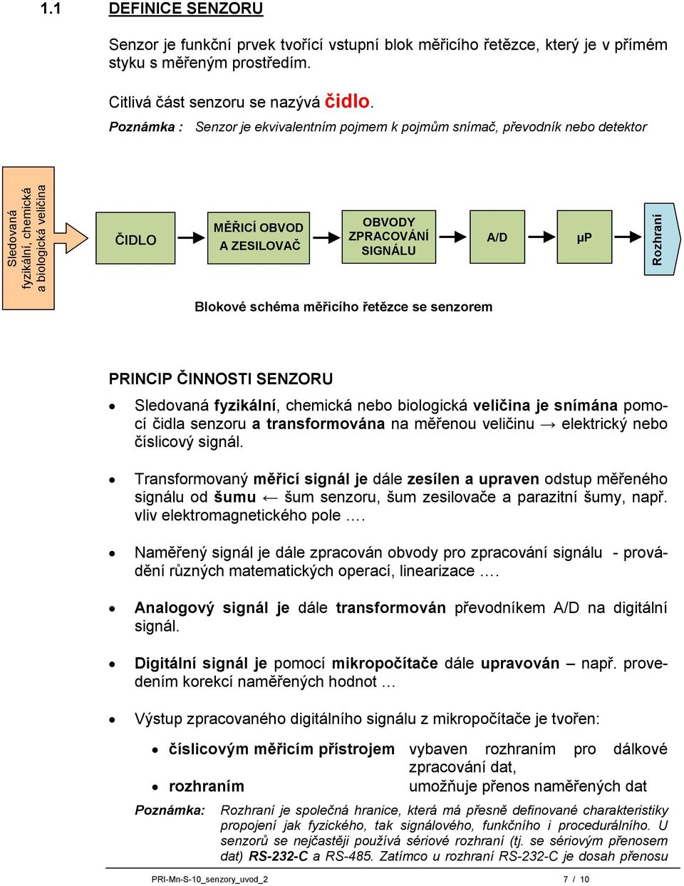 Poznámka : Senzor je ekvivalentním pojmem k pojmům snímač, převodník nebo detektor ČIDLO MĚŘICÍ OBVOD A ZESILOVAČ OBVODY ZPRACOVÁNÍ SIGNÁLU A/D µp Blokové schéma měřicího řetězce se senzorem PRINCIP