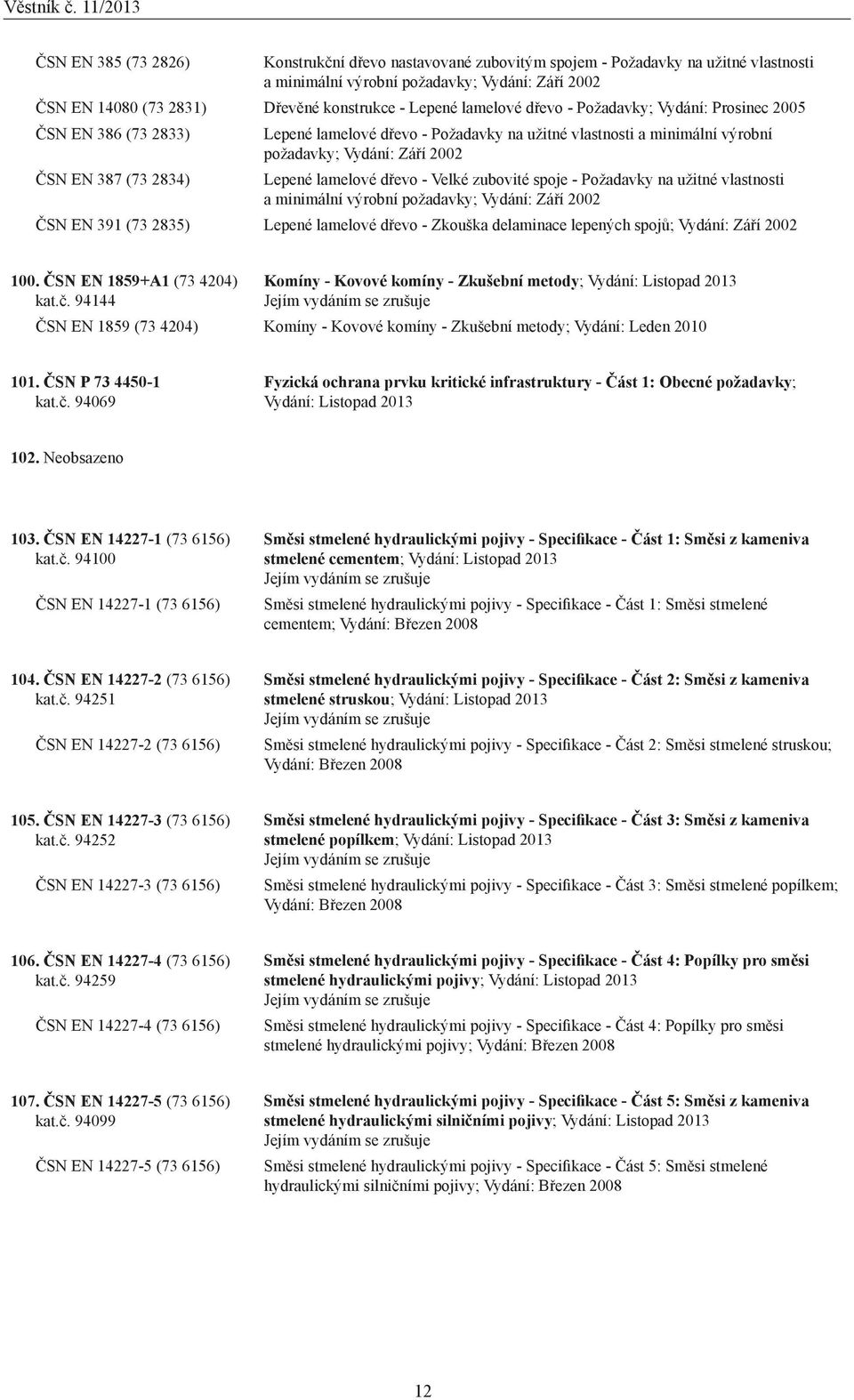 2002 Lepené lamelové dřevo - Velké zubovité spoje - Požadavky na užitné vlastnosti a minimální výrobní požadavky; Vydání: Září 2002 ČSN EN 391 (73 2835) Lepené lamelové dřevo - Zkouška delaminace