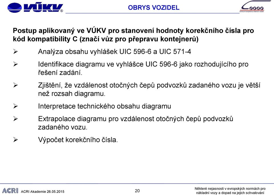 rozhodujícího pro řešení zadání. Zjištění, že vzdálenost otočných čepů podvozků zadaného vozu je větší než rozsah diagramu.