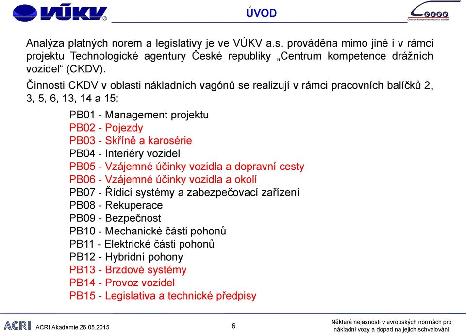 - Interiéry vozidel PB05 - Vzájemné účinky vozidla a dopravní cesty PB06 - Vzájemné účinky vozidla a okolí PB07 - Řídicí systémy a zabezpečovací zařízení PB08 - Rekuperace PB09 -