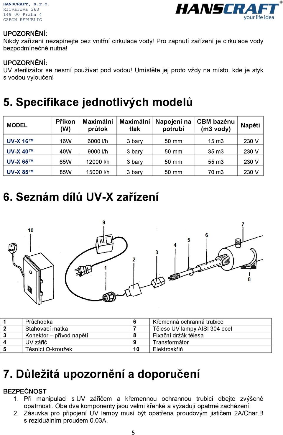 Specifikace jednotlivých modelů MODEL Příkon (W) Maximální průtok Maximální tlak Napojení na potrubí CBM bazénu (m3 vody) Napětí UV-X 16 16W 6000 l/h 3 bary 50 mm 15 m3 230 V UV-X 40 40W 9000 l/h 3