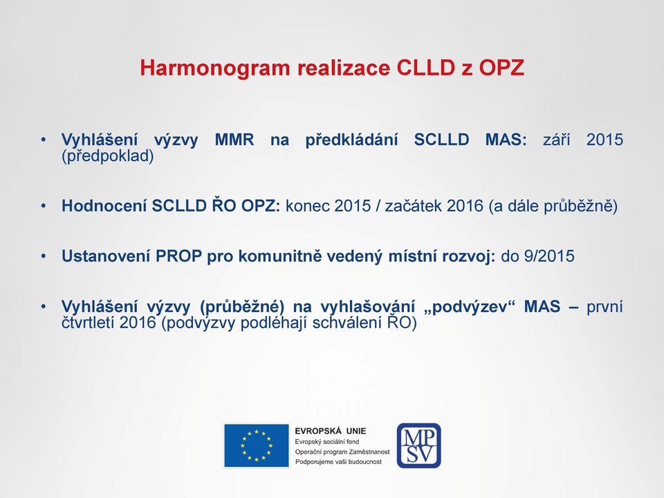 Ustanovení PROP pro komunitně vedený místní rozvoj: do 9/2015 Vyhlášení výzvy