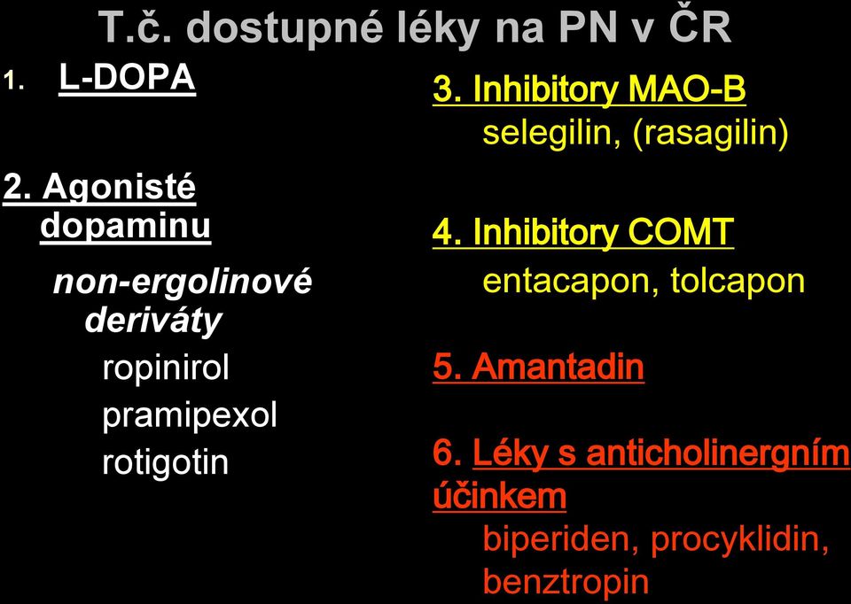 rotigotin 3. Inhibitory MAO-B selegilin, (rasagilin) 4.