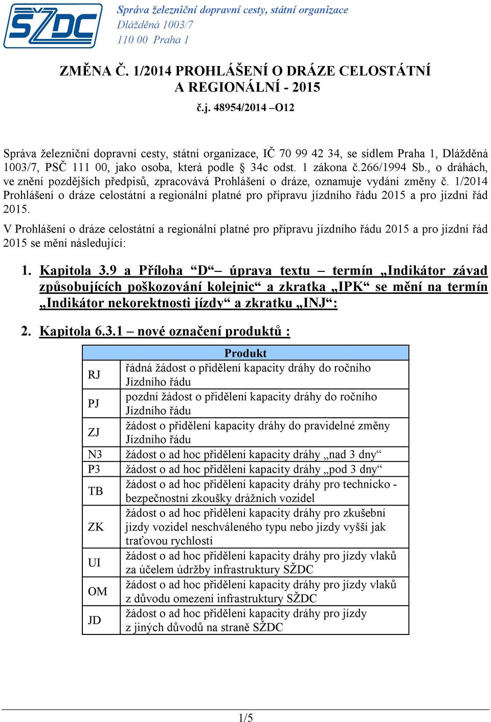 , o dráhách, ve znění pozdějších předpisů, zpracovává Prohlášení o dráze, oznamuje vydání změny č.