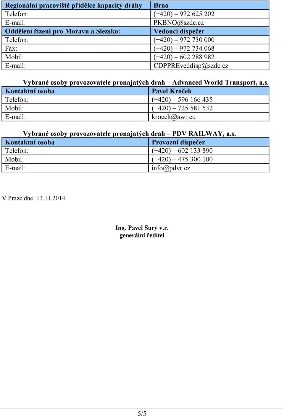 cz Vybrané osoby provozovatele pronajatých drah Advanced World Transport, a.s. Kontaktní osoba Pavel Kroček Telefon: (+420) 596 166 435 Mobil: (+420) 725 581 532 krocek@awt.