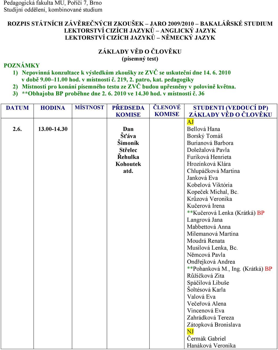 36 2.6. 13.00-14.30 Dan Šťáva Šimoník Střelec Řehulka Kohoutek atd.