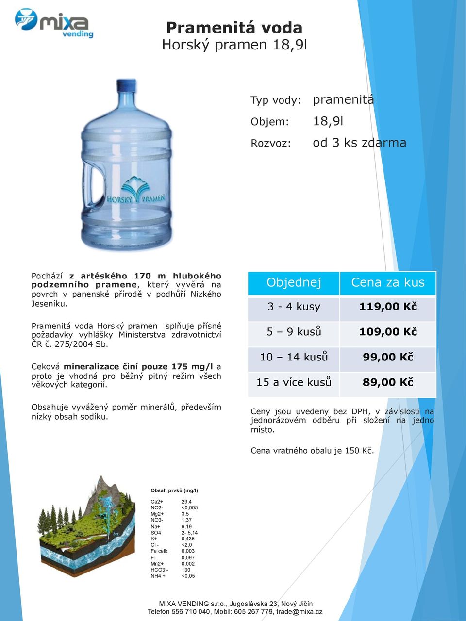 Ceková mineralizace činí pouze 175 mg/l a proto je vhodná pro běžný pitný režim všech věkových kategorií.