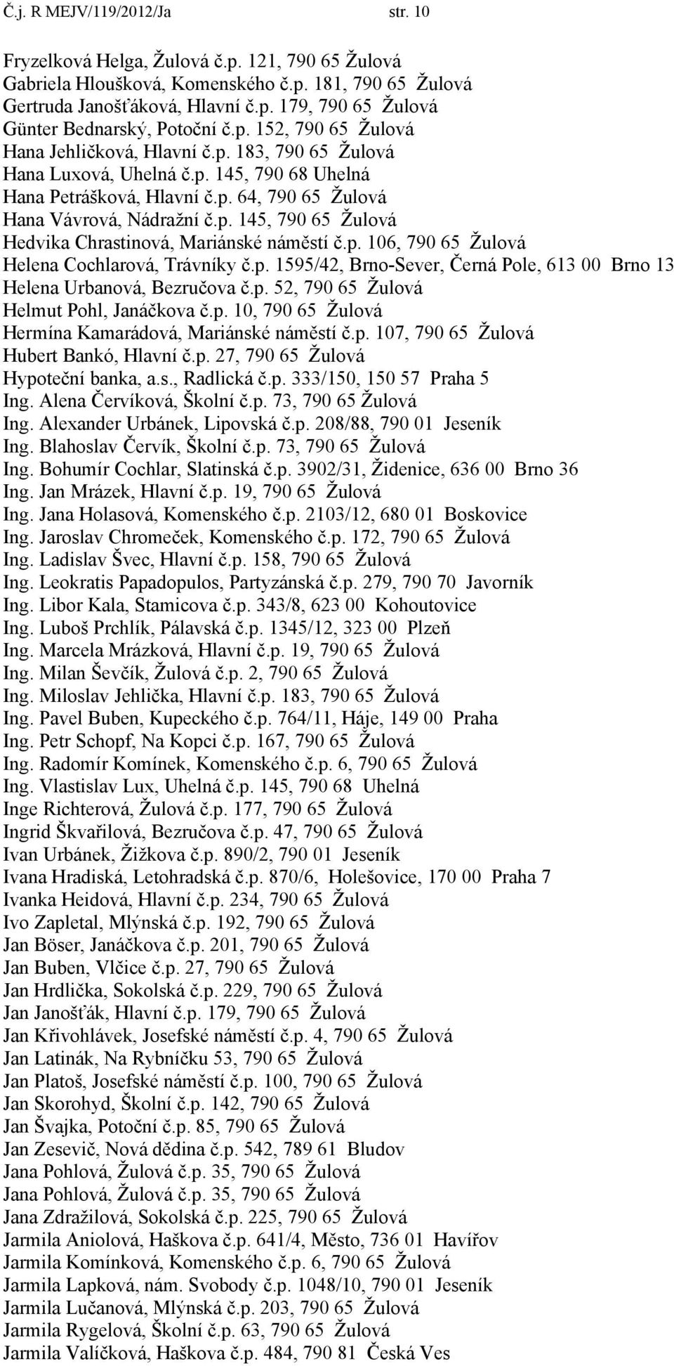 p. 106, 790 65 Žulová Helena Cochlarová, Trávníky č.p. 1595/42, Brno-Sever, Černá Pole, 613 00 Brno 13 Helena Urbanová, Bezručova č.p. 52, 790 65 Žulová Helmut Pohl, Janáčkova č.p. 10, 790 65 Žulová Hermína Kamarádová, Mariánské náměstí č.