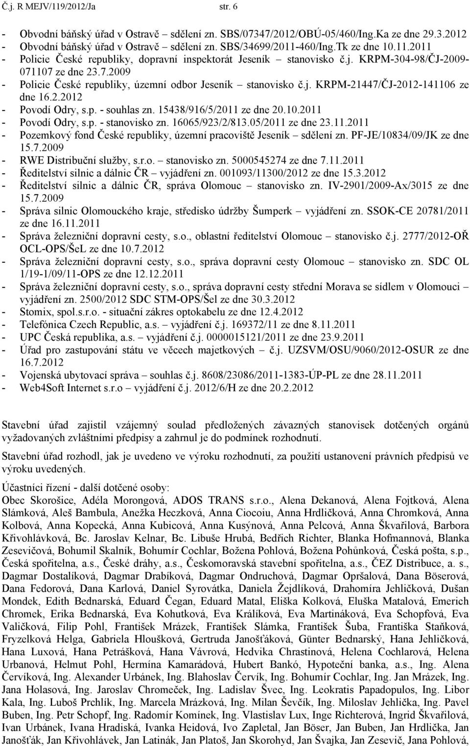 2.2012 - Povodí Odry, s.p. - souhlas zn. 15438/916/5/2011 ze dne 20.10.2011 - Povodí Odry, s.p. - stanovisko zn. 16065/923/2/813.05/2011 ze dne 23.11.2011 - Pozemkový fond České republiky, územní pracoviště Jeseník sdělení zn.
