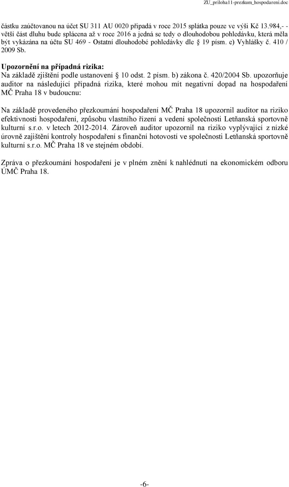 410 / 2009 Sb. Upozornění na případná rizika: Na základě zjištění podle ustanovení 10 odst. 2 písm. b) zákona č. 420/2004 Sb.