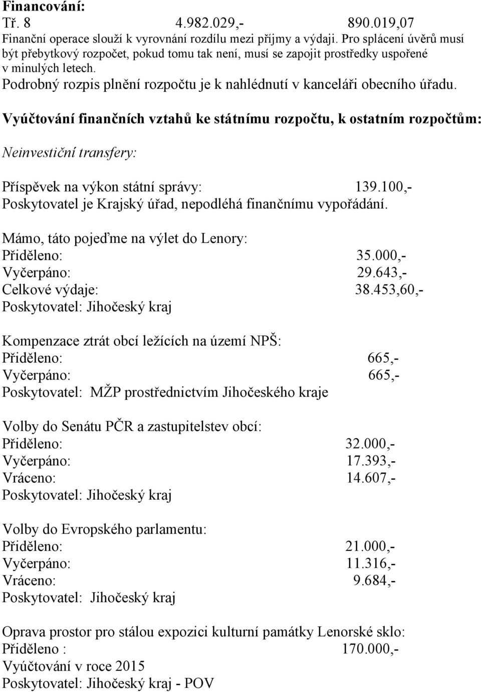 Vyúčtování finančních vztahů ke státnímu rozpočtu, k ostatním rozpočtům: Neinvestiční transfery: Příspěvek na výkon státní správy: 139.