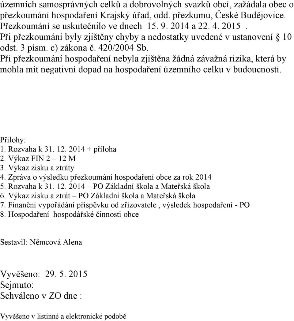 Při přezkoumání hospodaření nebyla zjištěna žádná závažná rizika, která by mohla mít negativní dopad na hospodaření územního celku v budoucnosti. Přílohy: 1. Rozvaha k 31. 12. 2014 + příloha 2.