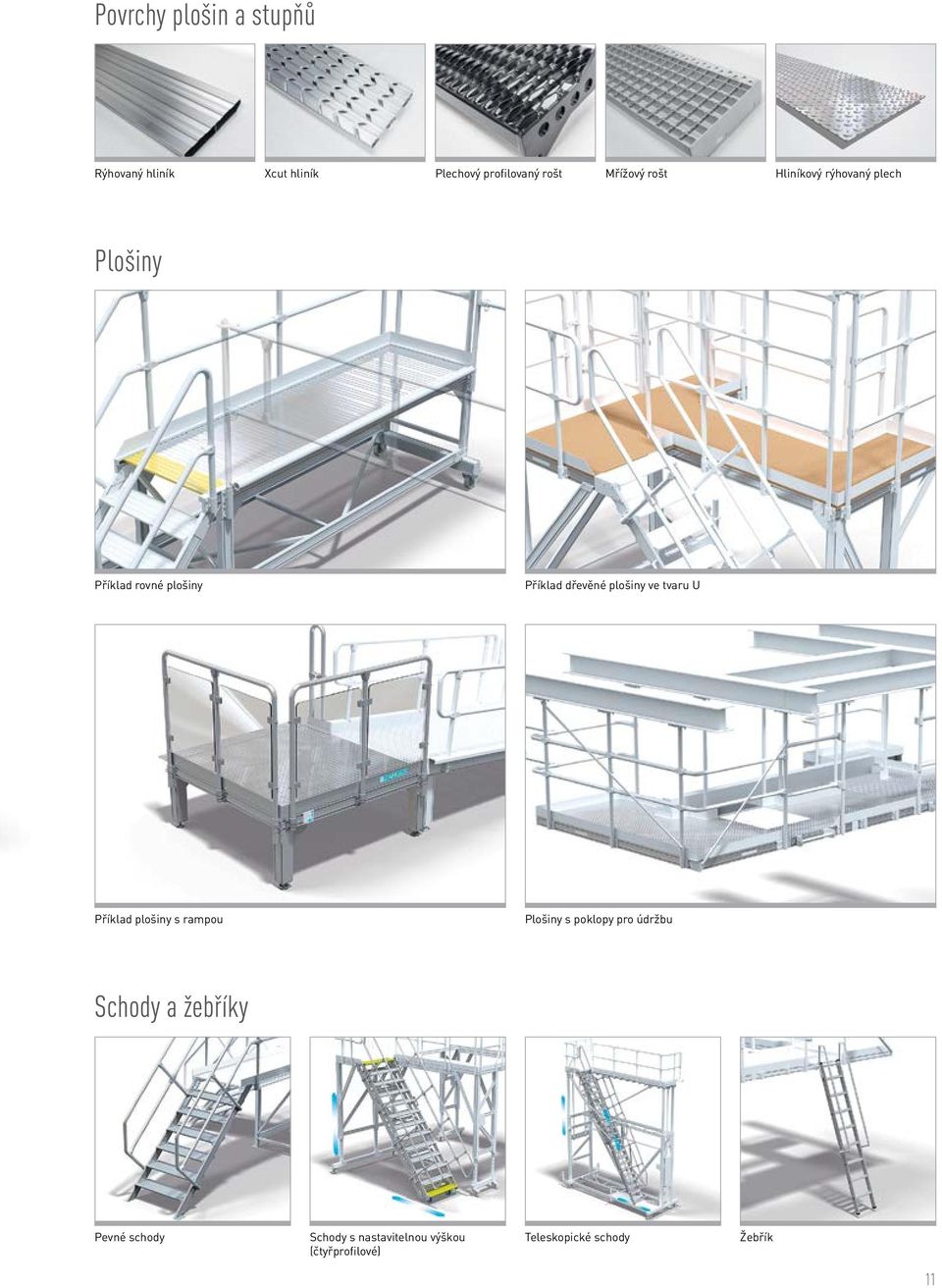 plošiny ve tvaru U Příklad plošiny s rampou Plošiny s poklopy pro údržbu Schody a