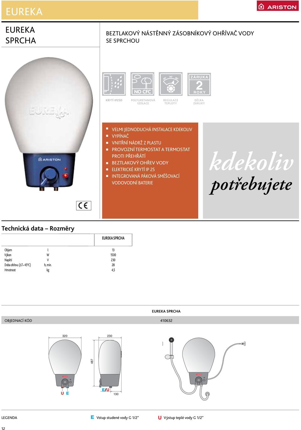 INTEGROVANÁ PÁKOVÁ SMĚŠOVACÍ VODOVODNÍ BATERIE kdekoliv potřebujete EUREKA SPRCHA Objem l 13 Výkon W 1500 Napětí V 230 Doba ohřevu ( T= 45