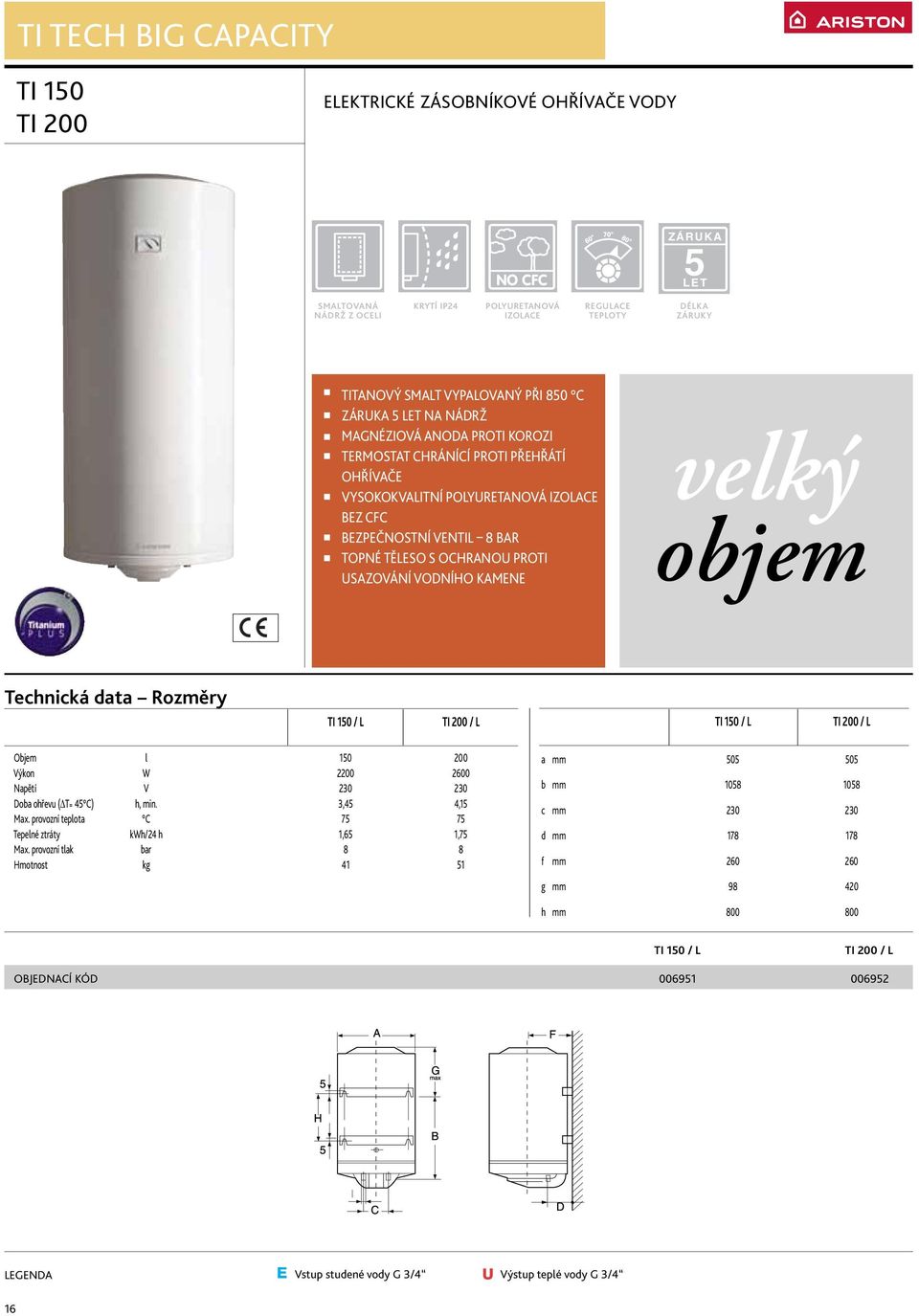 TI 200 / L Objem l 150 200 Výkon W 2200 2600 Napětí V 230 230 Doba ohřevu ( T= 45 C) h, min. 3,45 4,15 Max. provozní teplota C 75 75 Tepelné ztráty kwh/24 h 1,65 1,75 Max.