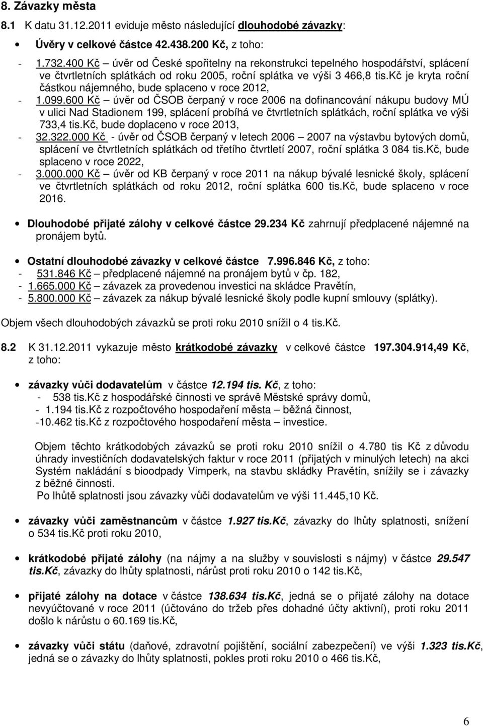 kč je kryta roční částkou nájemného, bude splaceno v roce 2012, - 1.099.