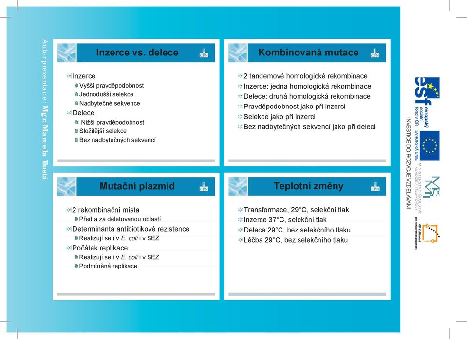 Kombinovaná mutace 2 tandemové homologické rekombinace Inzerce: jedna homologická rekombinace Delece: druhá homologická rekombinace Pravd podobnost jako p i inzerci Selekce jako p i inzerci